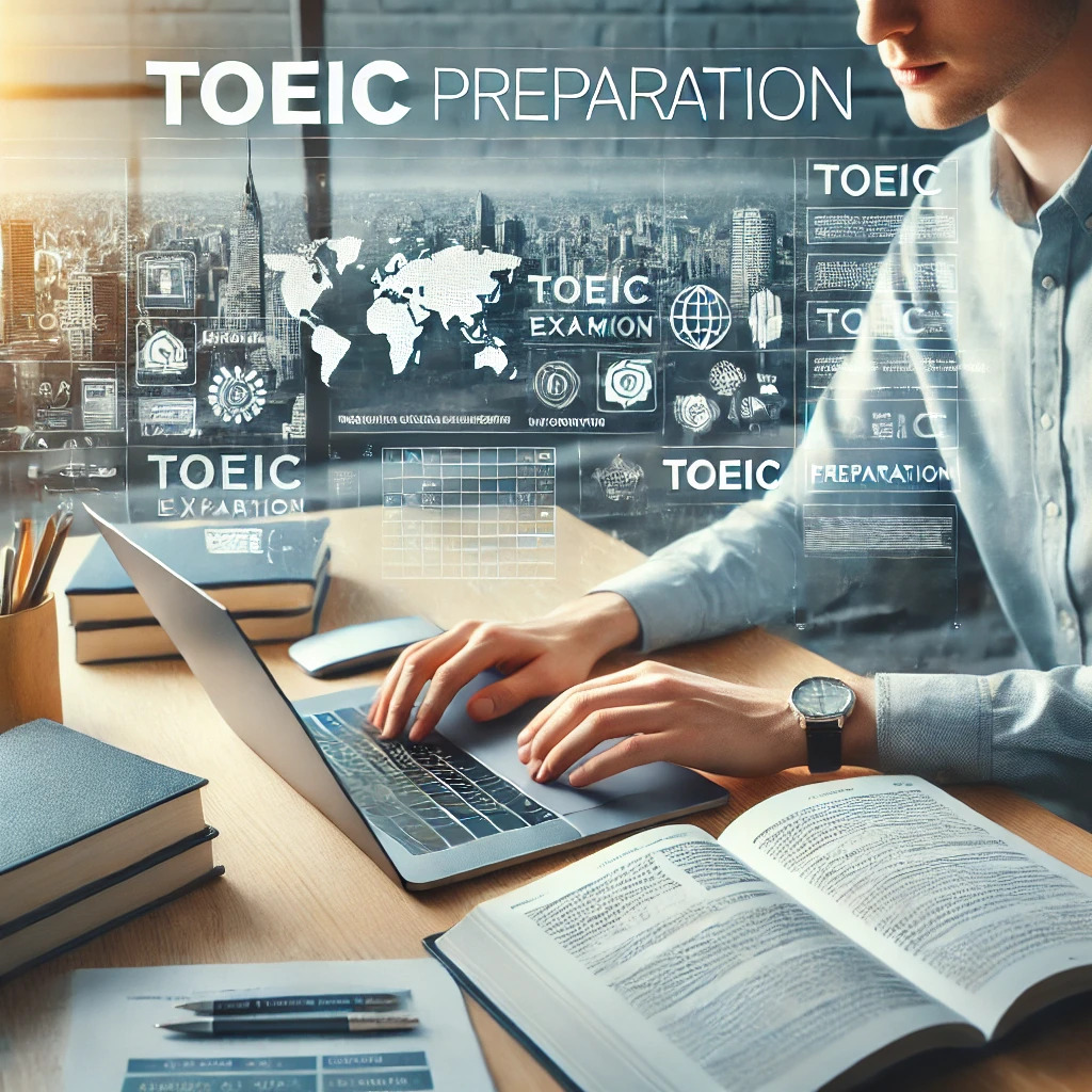 homme écrivant sur PC pour préparer l'examen du TOEIC