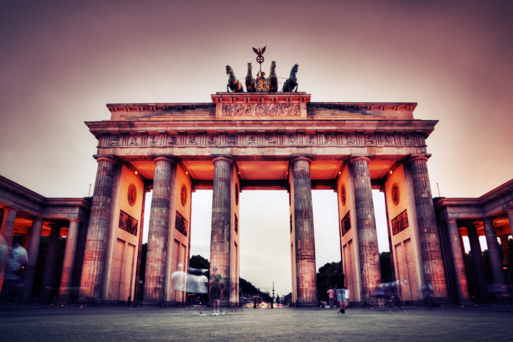 Brandenburg Gate. German Brandenburger Tor in Berlin, Germany at sunset