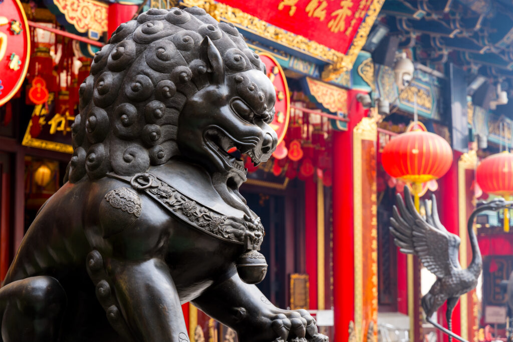 Lion statue in Wong Tai Sin temple at Hong Kong city